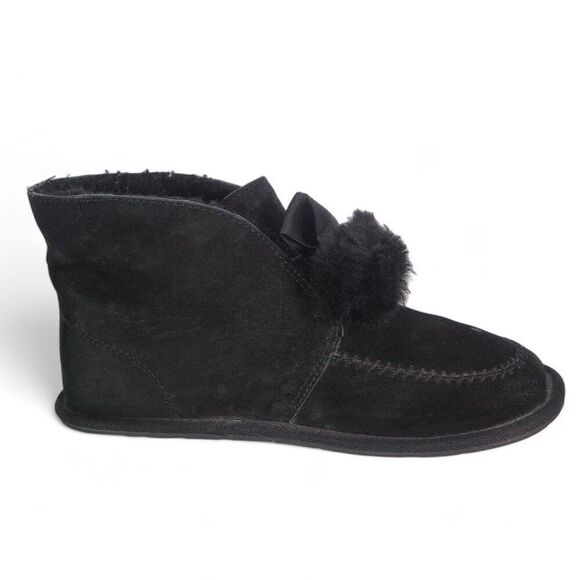 UGG Kallen Suede Moc Toe Pom Pop Suede Ankle Booties Black 1017541 Women's 7 - Picture 7 of 12